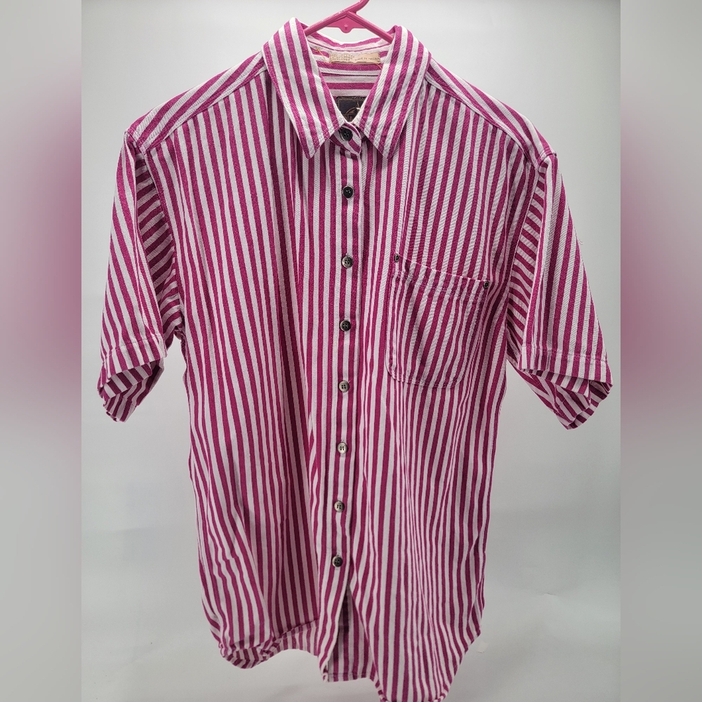 Vintage A.M.I. Womens Size Small Pink White Striped Button Up Short Sleeve Shirt - Picture 1 of 8